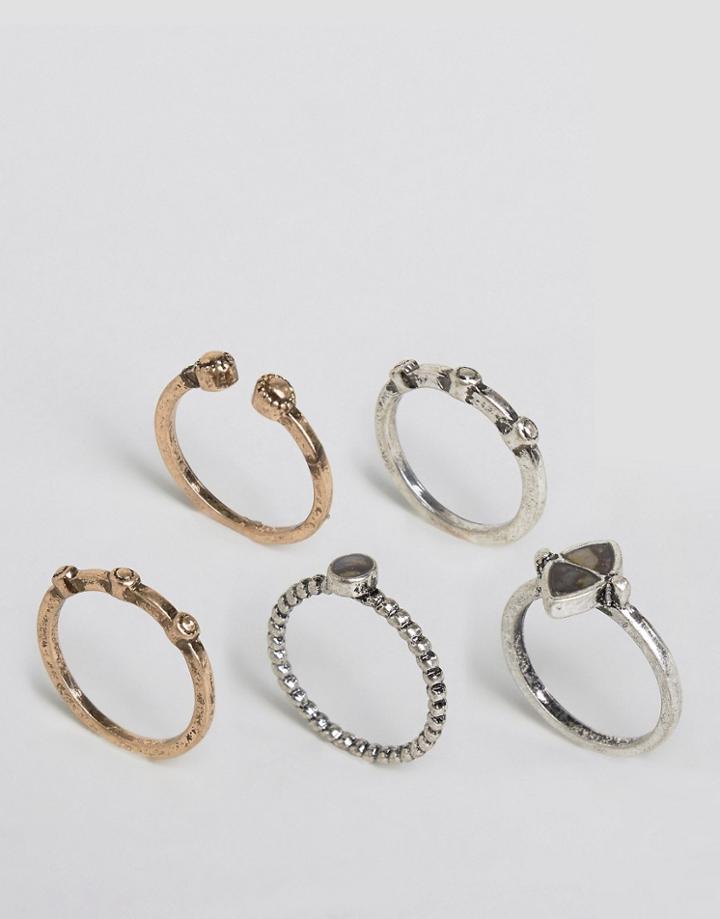 Asos Pack Of 5 Mixed Stone Rings - Multi