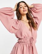 Asos Design Long Sleeve V Neck Top With Kimono Sleeve And Tie Front In Soft Rose-pink