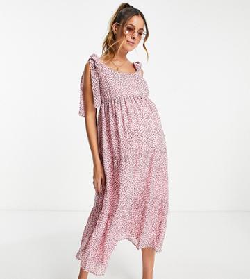 Violet Romance Maternity Tie Strap Tiered Midi Dress In Floral Print-pink