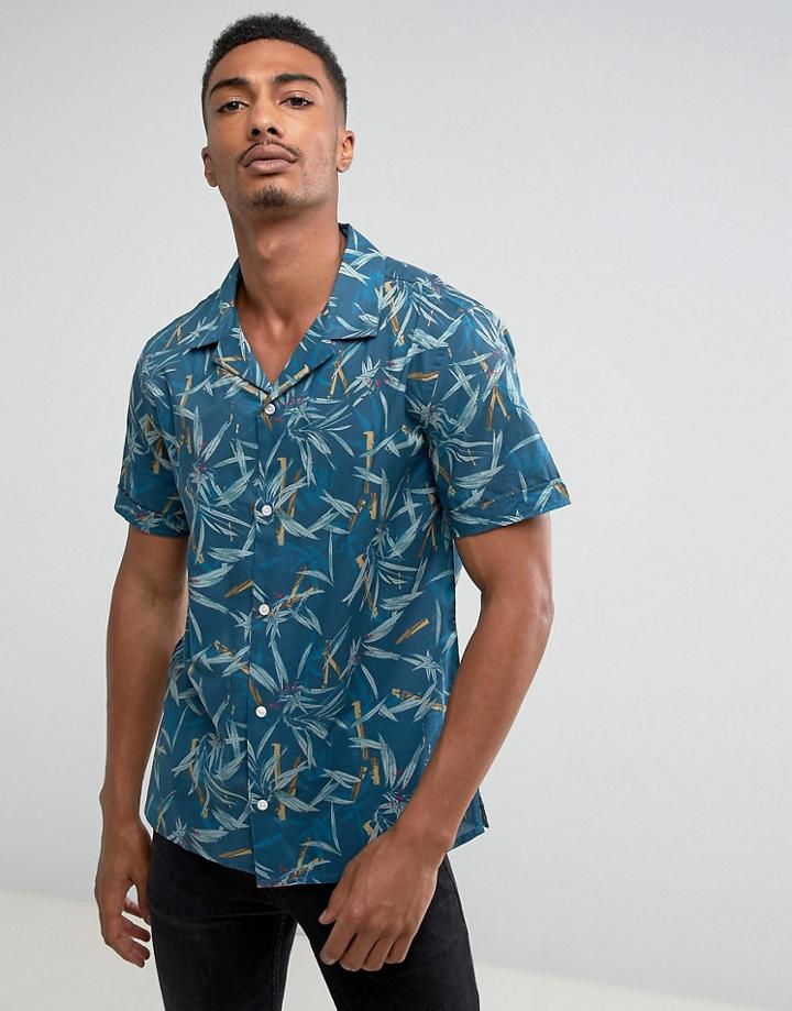 Mango Man Short Sleeve Revere Collar Shirt With Bamboo Print - Blue