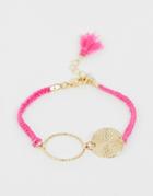 Asos Design Cord Bracelet With Open Circle And Hammered Disc In Pink - Pink