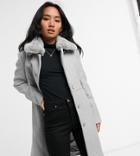 Ever New Petite Long Coat With Faux Fur Collar In Gray-grey
