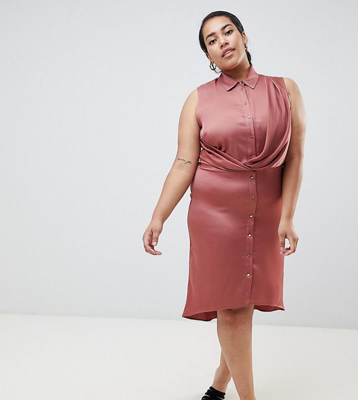 River Island Plus Wrap Front Shirt Dress In Rust - Beige