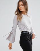 Lunik Lace Up Slit Bell Sleeve Knit Top - Gray