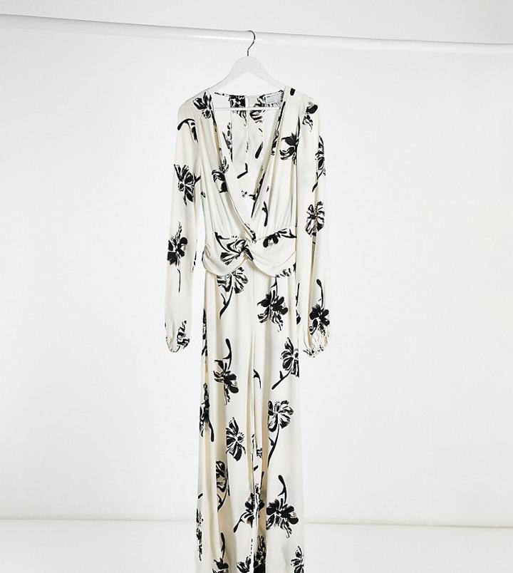 Asos Design Tall Twist Front Wide Leg Jumpsuit In Cream Floral Print-multi