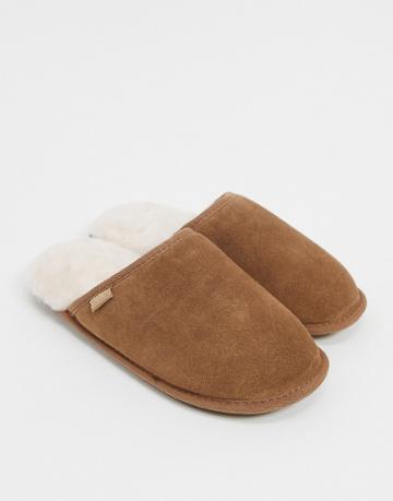 Sheepskin By Totes Suede Mule Slippers In Chestnut-brown