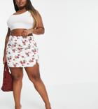 Asos Design Curve Mini Skirt In Linen Look With Notch Hem In Red Floral Print-multi