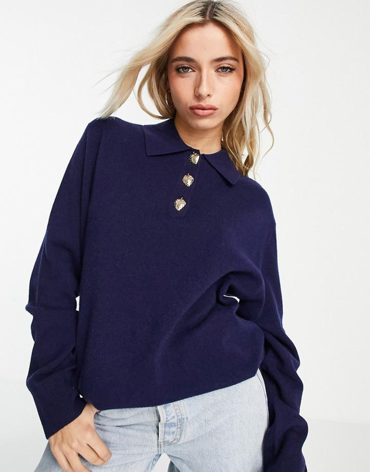 & Other Stories Recycled Wool Polo Neck Sweater With Strawberry Buttons In Navy
