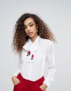 Unique21 Pussy Bow Blouse With Embroidery - White