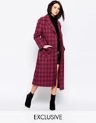 Helene Berman Button Down Belted Coat In Berry Plaid - Berry Plaid