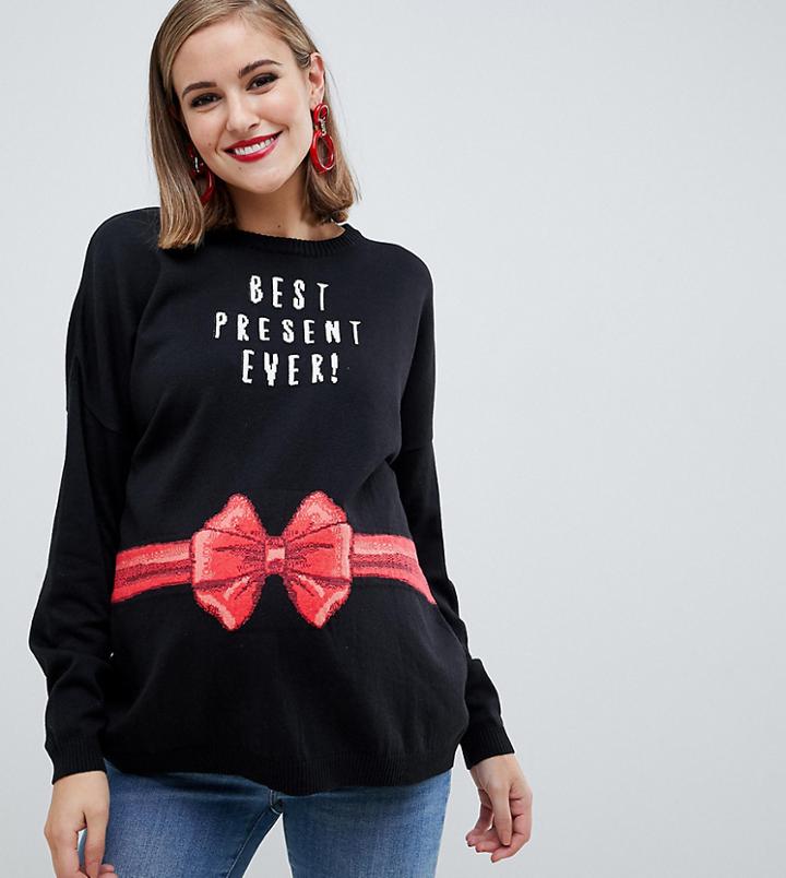 Asos Design Maternity Christmas Sweater With 'best Present Ever' Slogan - Black