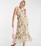 Hope & Ivy Maternity High Neck Flutter Sleeve Midaxi Dress In Printed Floral-multi