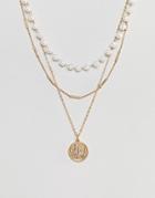 Asos Design Multirow Necklace With Pearl And Vintage Style St Christopher Pendant In Gold - Gold