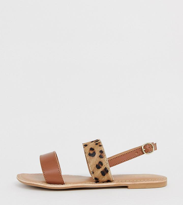 Park Lane Wide Fit Leather Flat Sandal In Leopard - Tan