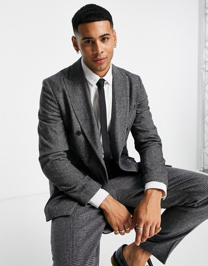 Selected Homme Suit Jacket In Double Breasted Gray Herringbone