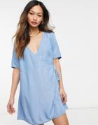 Asos Design Soft Denim Wrap Smock Dress In Blue-blues