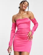 Naanaa Strapless Satin Body-conscious Dress With Sleeve Detail In Fuchsia-pink