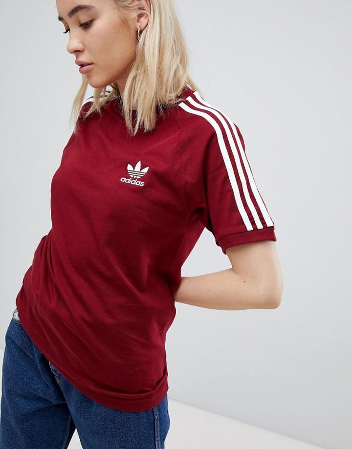 Adidas Originals 3 Stripe T-shirt In Burgundy - Red