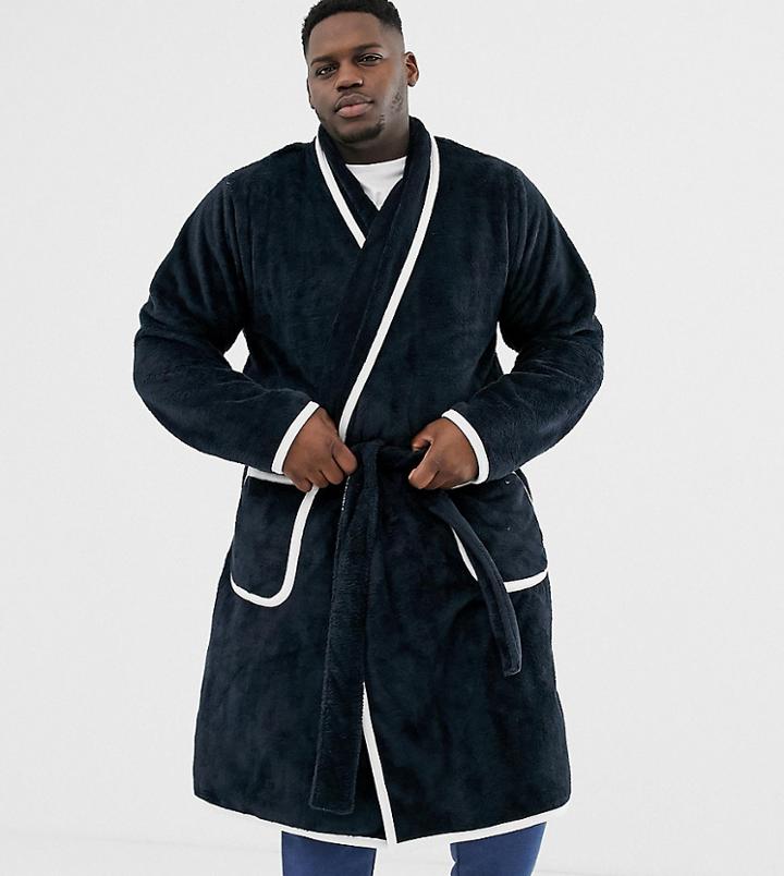 Asos Design Plus Fluffy Dressing Grown In Navy With Ecru Piping - Navy
