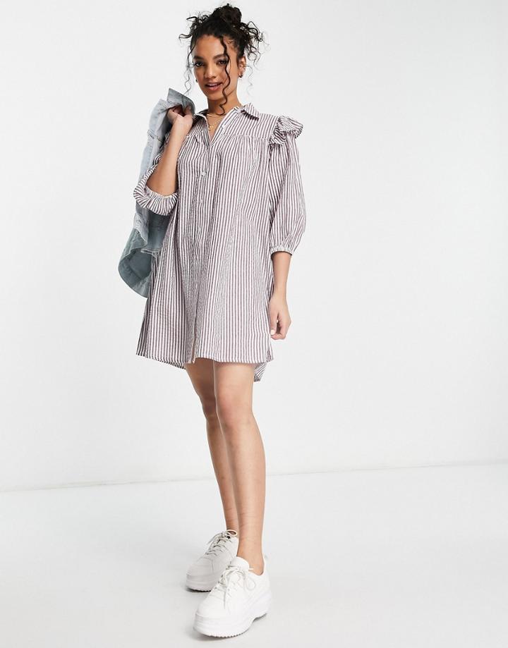 Influence Frill Shoulder Shirt Dress In Brown Stripe