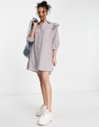 Influence Frill Shoulder Shirt Dress In Brown Stripe
