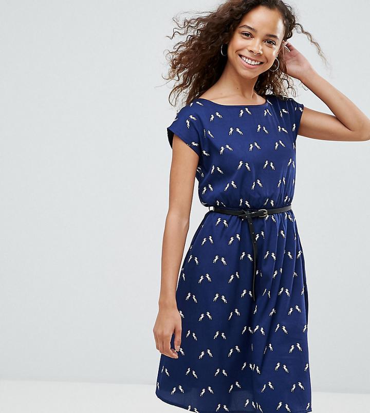 Yumi Petite Belted Skater Dress In Unicorn Print - Navy
