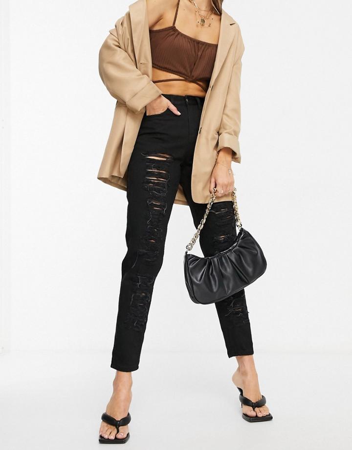 Naanaa High Waisted Ripped Mom Jeans In Black