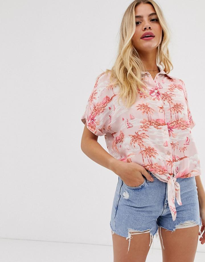 New Look Tie Front Shirt In Pink Tropical Print