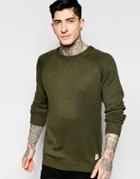 Bellfield Fine Gage Crew Kneck Sweater With Elbow Patch - Green