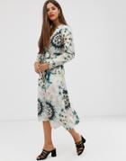 Neon Rose Button Through Midaxi Dress With Belted Waist In Tie Dye Satin - Multi