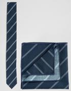 Minimum Tie And Pocket Square Set In Stripe - Blue