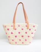 Chateau Straw Beach Bag With Embroidered Polka Dots - Beige
