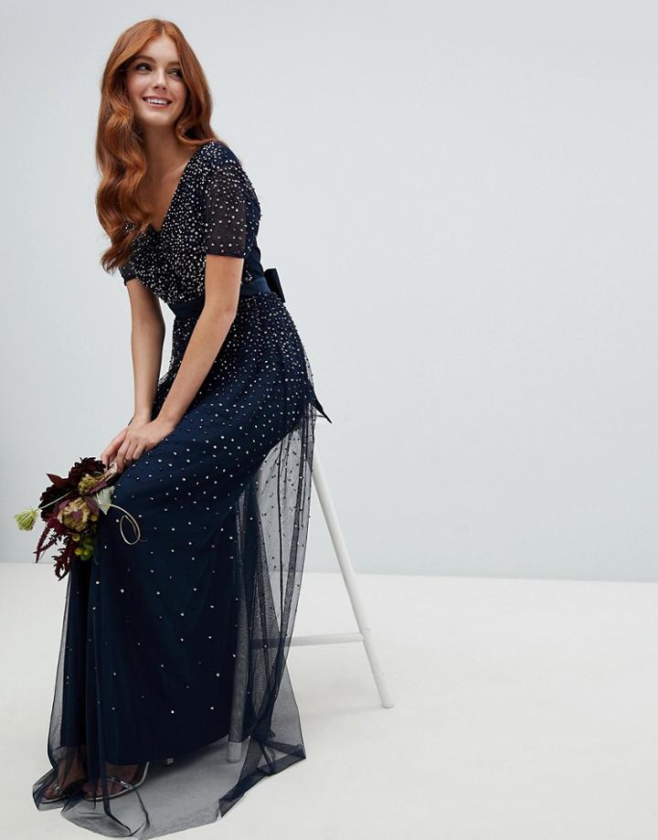 Maya V Neck Maxi Tulle Dress With Contrast Tonal Delicate Sequins In Navy - Navy