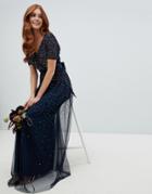 Maya V Neck Maxi Tulle Dress With Contrast Tonal Delicate Sequins In Navy - Navy