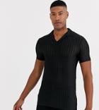 Asos Design Tall Skinny Revere Polo Shirt In Sheer Stripe In Black