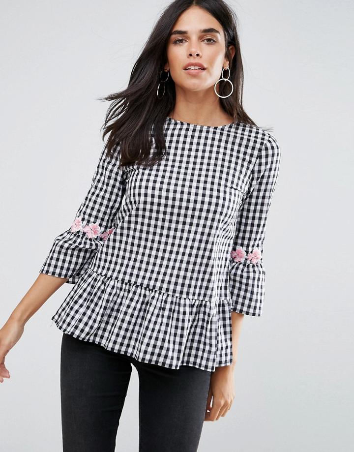 Ax Paris Black And White Check Top With Floral Embroidery - Black