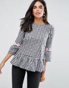 Ax Paris Black And White Check Top With Floral Embroidery - Black