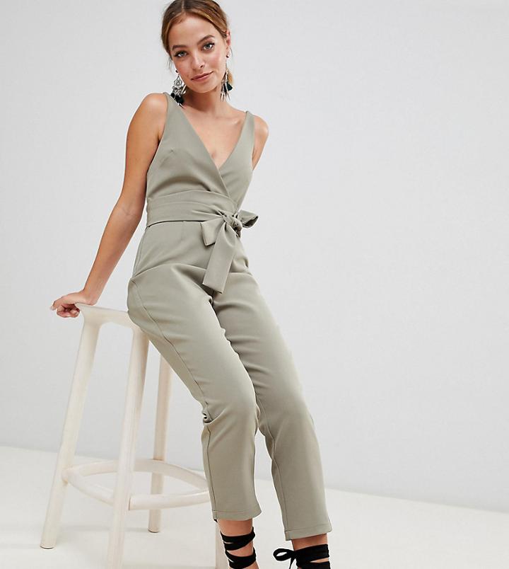 Asos Design Petite Wrap Front Jumpsuit With Peg Leg And Self Belt - Green