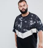 Asos Design Plus Oversized T-shirt With Floral Chevron Yoke And Silver Foil Color Blocking Panel - Black