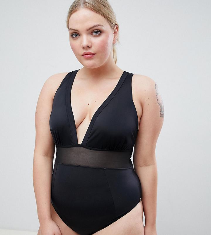 Asos Design Curve Mesh Insert Swimsuit In Black - Black