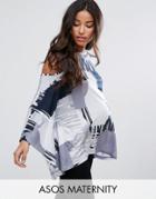 Asos Maternity Top With Cold Shoulder And Kimono Sleeve In Blurred Print - Multi