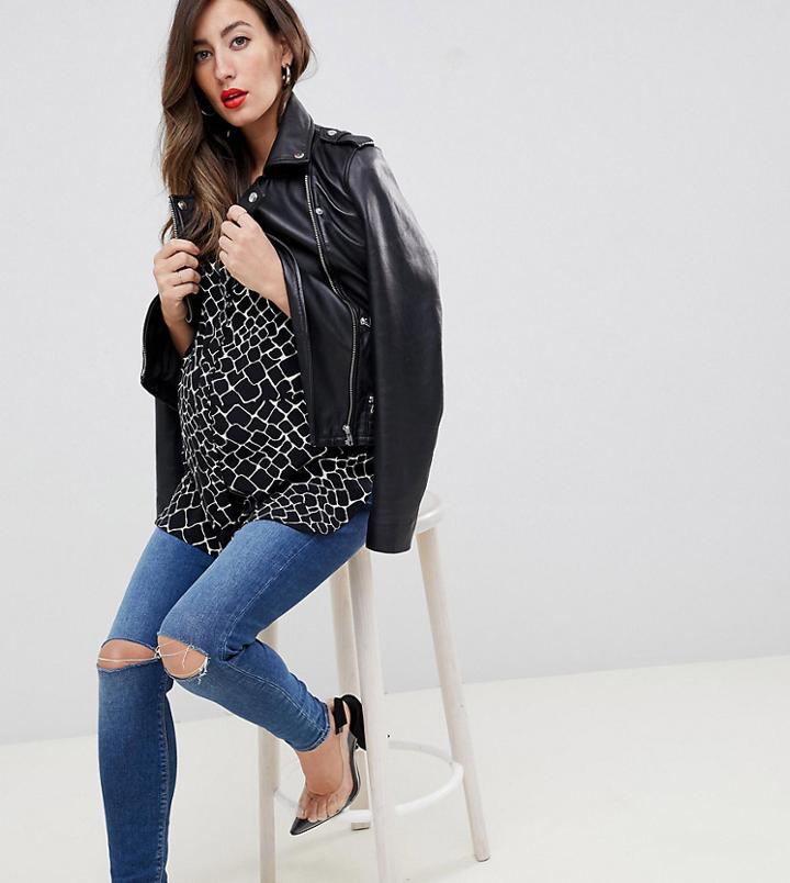 Asos Design Maternity Ridley High Waisted Skinny Jeans In Extreme Dark Stonewash With Ripped Knee And Under The Bump Wai-blue