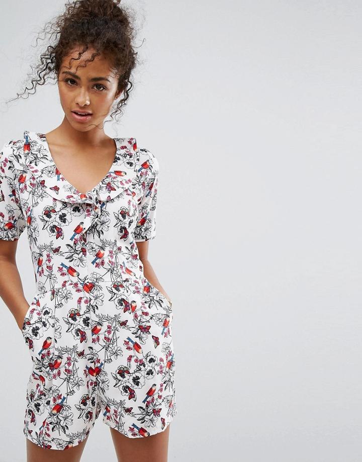 Trollied Dolly Frill Bird Print Romper - Cream