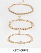 Asos Design Curve Pack Of 3 Chain Bracelet With Crystal In Gold Tone