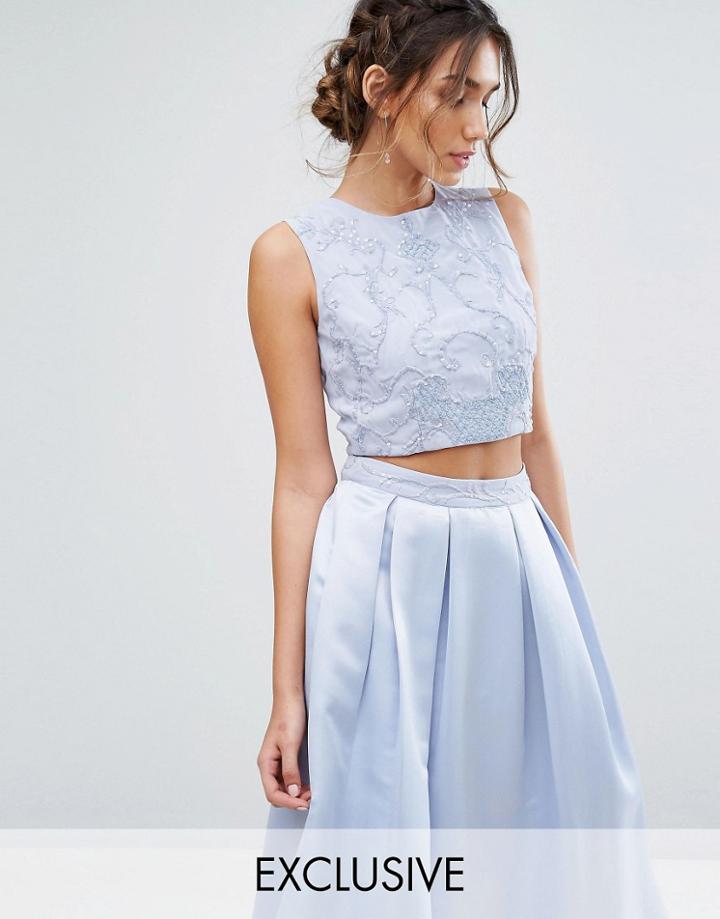 Maya Satin Shell Top With Embroidery - Blue