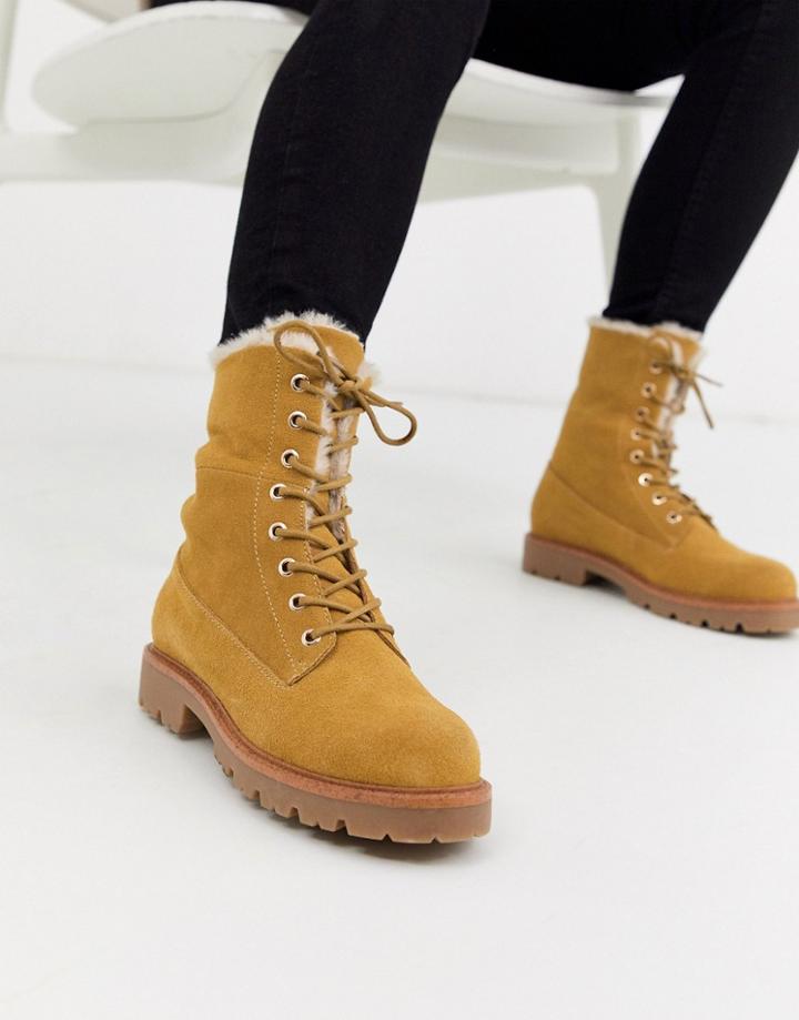 Asos Design Atlantis Suede Fur Lace Up Ankle Boots In Sand