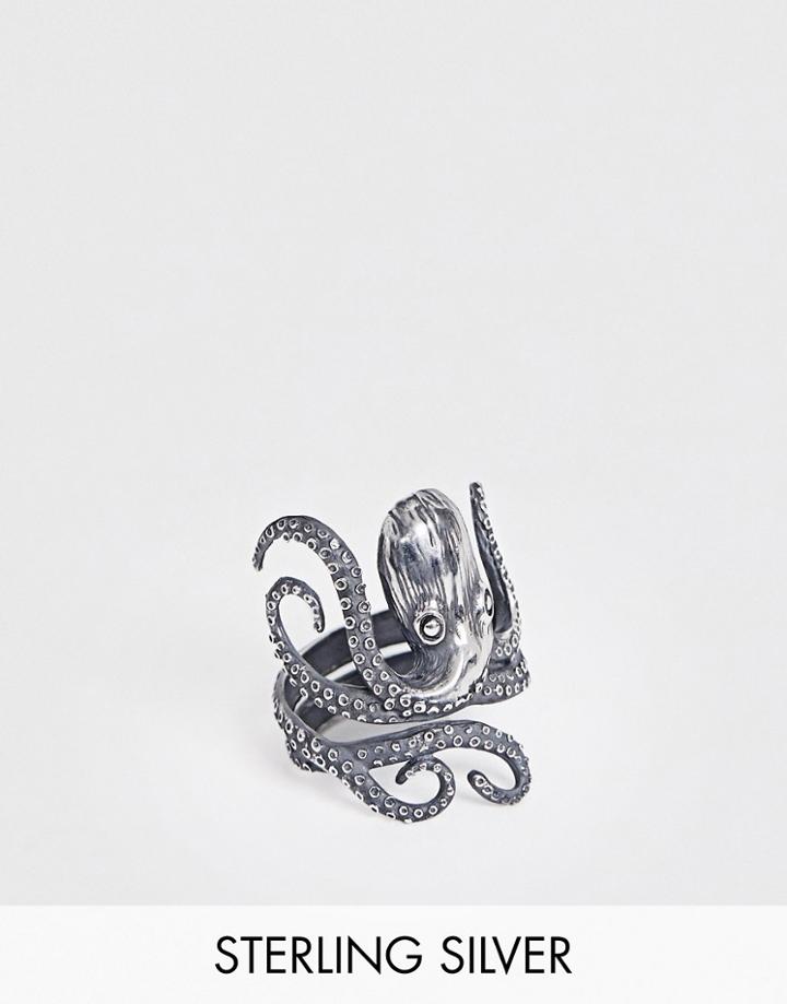 Asos Design Sterling Silver Ring With Octopus - Silver