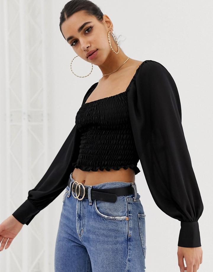 Asos Design Shirred Crop Top With Long Sleeve - Black