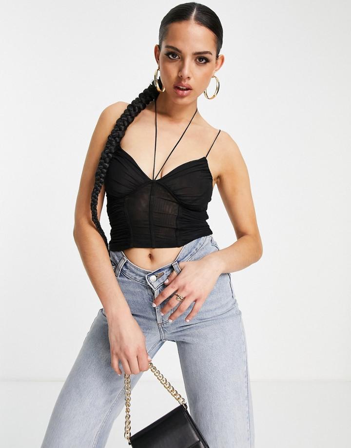 Asos Design Halter Top With Ruching And Mesh Panel In Black
