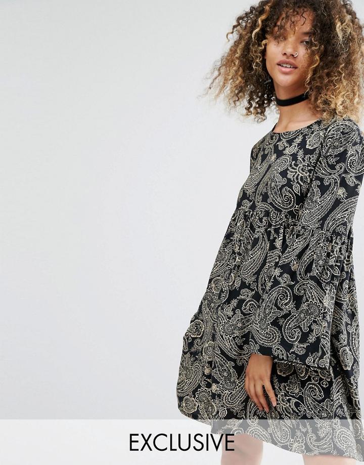 Milk It Vintage Smock Dress In Black Paisley - Black